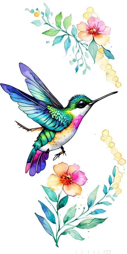 floral, bee, hummingbird, heartbeat line, honey comb, feather sleeve tattoo design idea