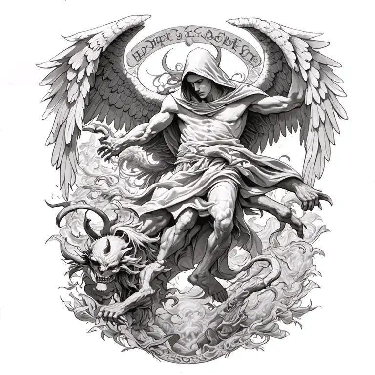 hooded arch angel defeating a demon tattoo design idea