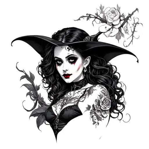 neo trad vampire woman from chest up in a 45 degree angle tattoo design idea