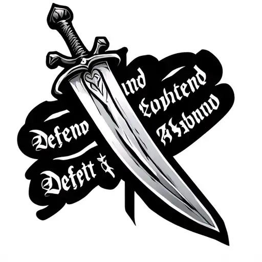 Templar sword down back. Defend and defeat written in calligraphy down each side of the blade. on bottom right of back a tattoo design idea