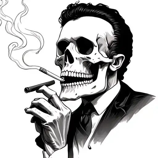 Johnny Cash skeleton smoking cigarette deep in thought tattoo design idea