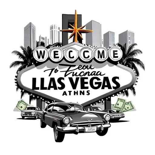 las Vegas sign saying welcome to Athens surrounded by cars money and buildings tattoo design idea