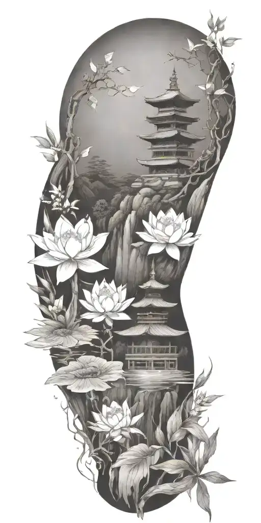 buddhist inpired tattoo with scenary of nature, bamboo, water, and with lotus, koi fish, small budda and spiritual stuff tattoo design idea