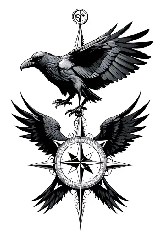 Nordic compass with an outstretched raven beneath it  tattoo design idea