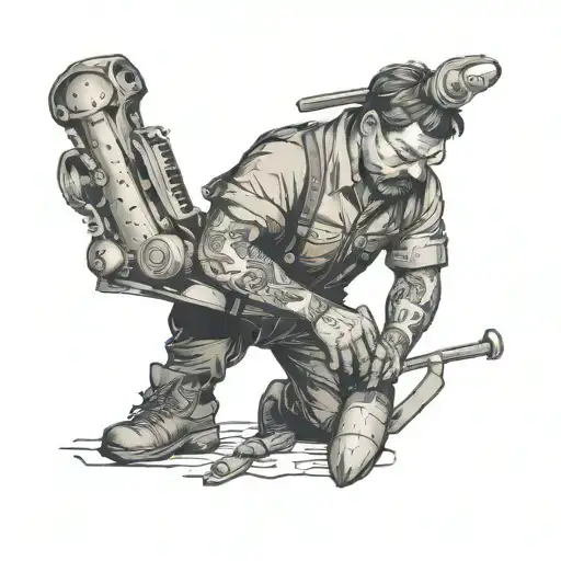 Illustrate a blue collar worker in action, surrounded by elements of their trade tattoo design idea