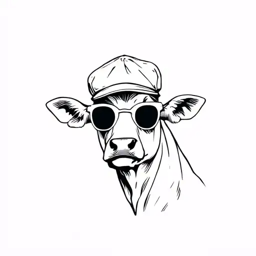 cow wearing flat cap and retro sunglasses tattoo design idea