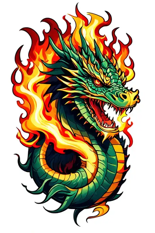 dragon breathing fire flames tattoo design idea