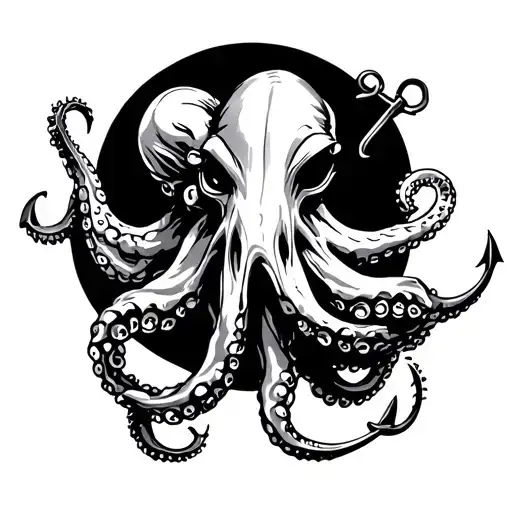 octopus holding an anchor, shoulder to chest tattoo idea , long tentacles, angry, steampunk style,  tattoo design idea