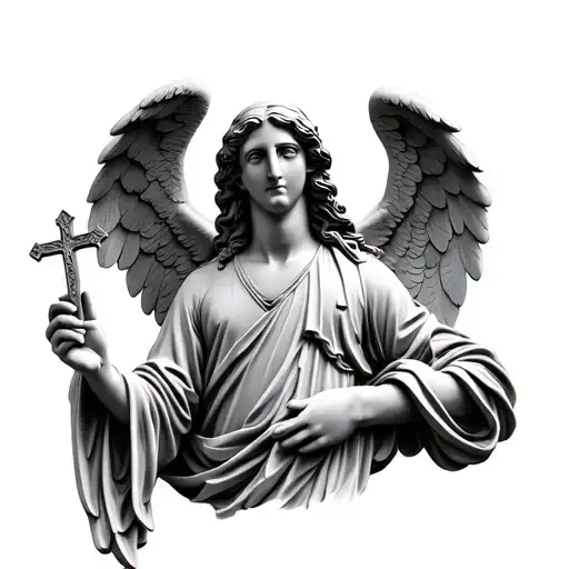 Angel statue with a small cross in hand holding tattoo design idea