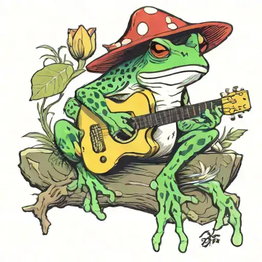 frog playing acoustic guitar on a toadstool  tattoo design idea