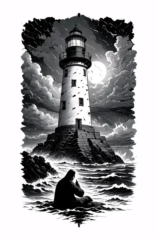 a wide-body lighthouse standing firm in a storm while a person sits nearby in a state of zen. tattoo design idea