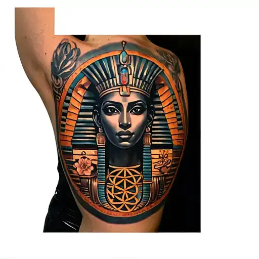A detailed arm sleeve featuring a Black Egyptian Queen surrounded by Egyptian symbols of love and protection, intertwined with the flower of life tattoo design idea