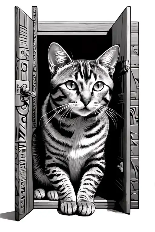 Tabby cat lies on a door,  door opens to ancient egypt, river nile can be seen tattoo design idea