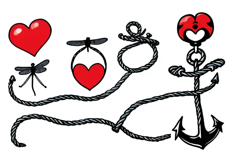 A rope with four images in the following order: heart, dragonfly, snorlax head and anchor tattoo design idea