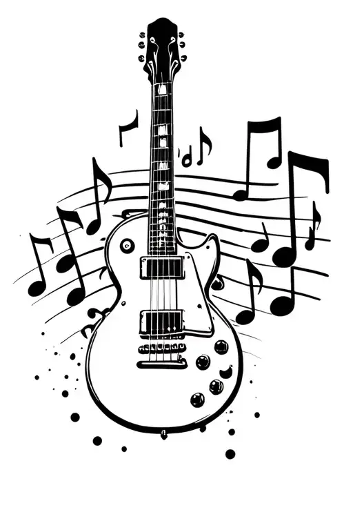 Guitar les paul and music notes floating peacefully tattoo design idea