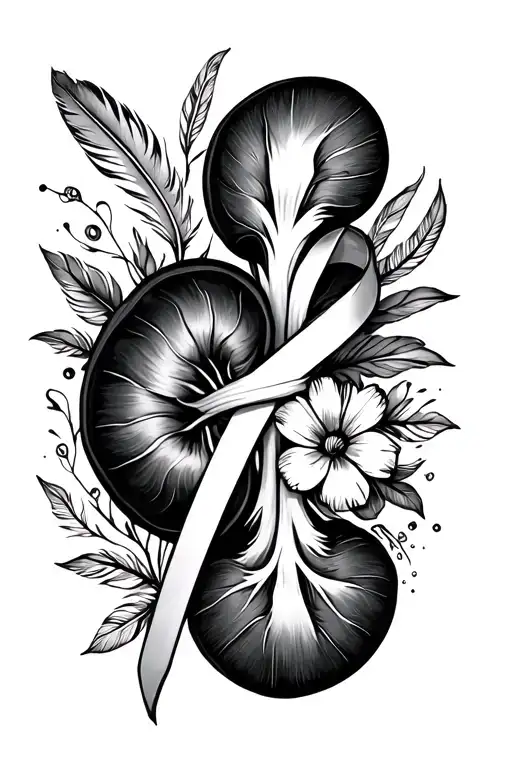 kidney cross section with cancer ribbon, feather and floral tattoo design idea