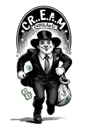 C.R.E.A.M with monopoly man running with a bag of money tattoo design idea
