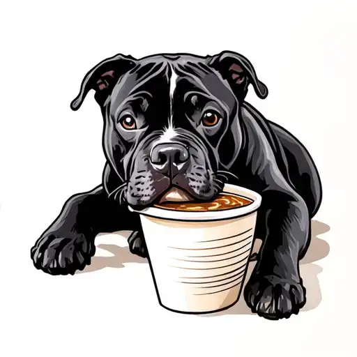 Black pit bull mix drinking coffee cup tattoo design idea