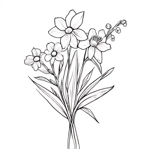 create a simple narcissus, larkspur, daffodil, lily of the valley, and crataegua monagyna flower bouquet as a line drawi tattoo design idea