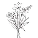 create a simple narcissus, larkspur, daffodil, lily of the valley, and crataegua monagyna flower bouquet as a line drawi tattoo design idea