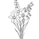 create a simple narcissus, larkspur, daffodil, lily of the valley, and crataegua monagyna flower bouquet as a line drawi tattoo design idea