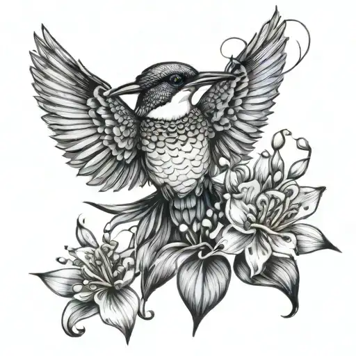 kingfisher ,butterfly, Lily of the valley bouquet tattoo design idea