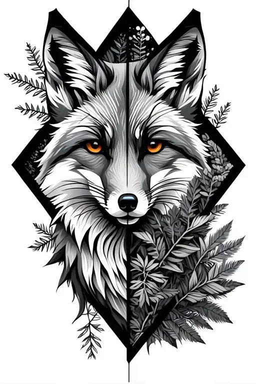 Fox with forest elements contained in elongated diamond, thick black borders. Half realistic blend into half geometric tattoo design idea