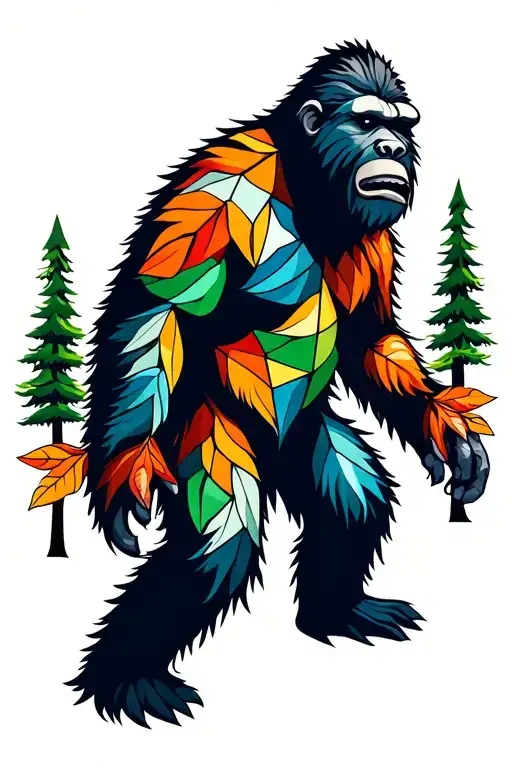 bigfoot with colored leaves and trees tattoo design idea