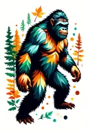 bigfoot with colored leaves and trees tattoo design idea
