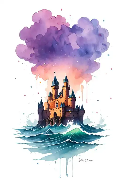 castle crumbling into a raging sea with a storm above  tattoo design idea