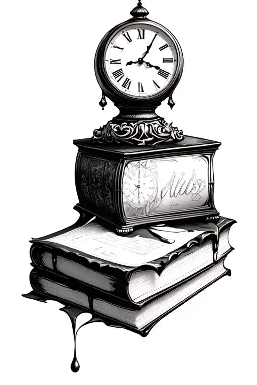 melting clock over old books tattoo design idea