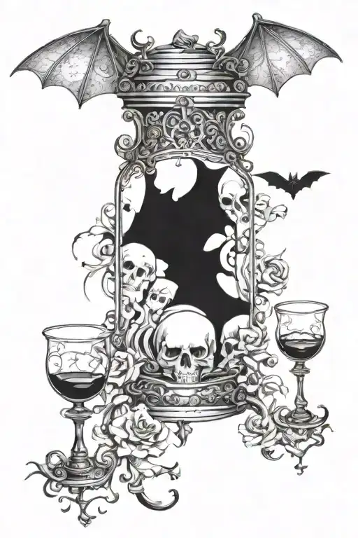 A bat wrapping an hour glass. Blood and small skulls. Lovecraftian horrors. Obsidian black. tattoo design idea