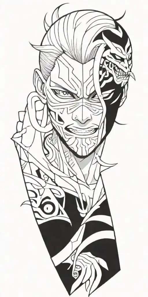 anime character wearing a mask fighting off inner demons tattoo design idea