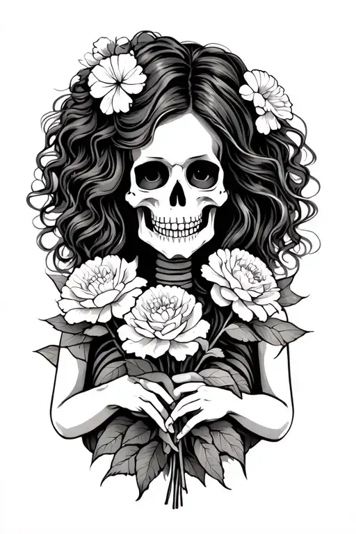 Mexican woman skeleton with wavy hair holding carnations  tattoo design idea