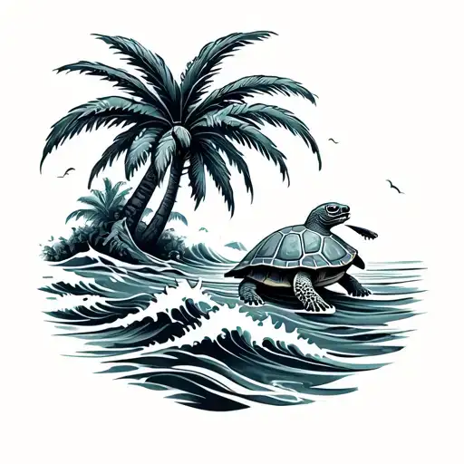 palm tree with waves and turtle tattoo design idea