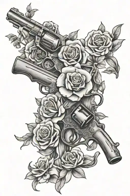 the words "outlaw woman" with revolvers and flowers growing tattoo design idea