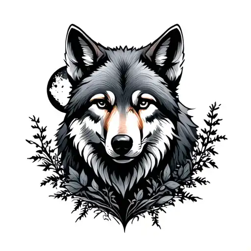 Dark forest, wolf, bear, fox, moon surrounded tattoo design idea
