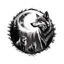 Dark forest, wolf, bear, fox, moon surrounded tattoo design idea