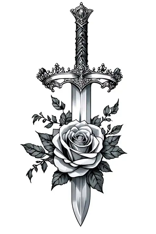 sword with rose wrapped around it and a crown and tiara tattoo design idea