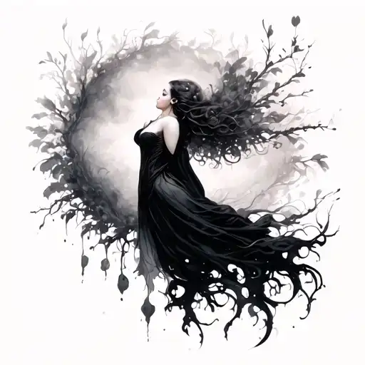 solemn, mysterious sensual feminine figure— of forgotten places and memories, embodies sorrow, stillness, cover in fog tattoo design idea