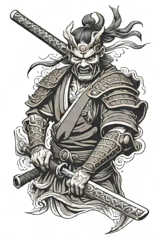 samurai wearing a oni mask on the tricep with a katana going down the elbow and forearm tattoo design idea