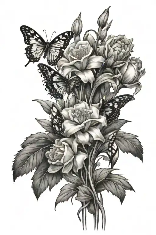 Spine tatto of carnation and snowdrop flowers with butterflys  tattoo design idea