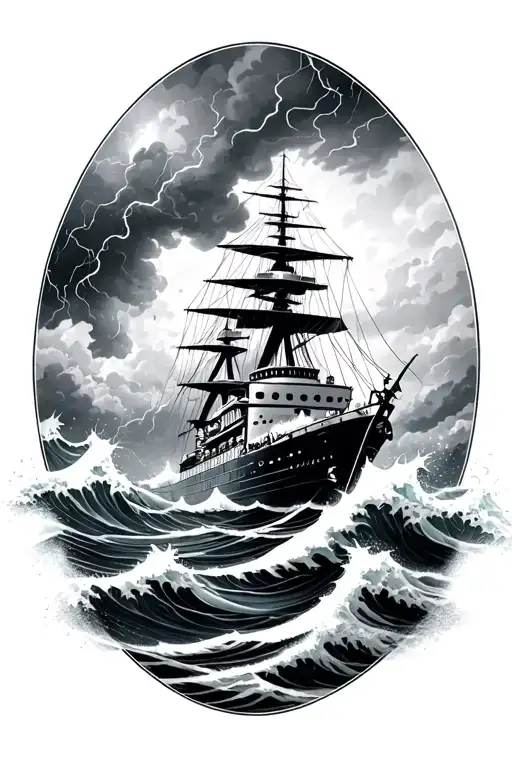 Japanese waves crash as a navy ship sails through a thunderstorm. half sleeve tattoo  tattoo design idea