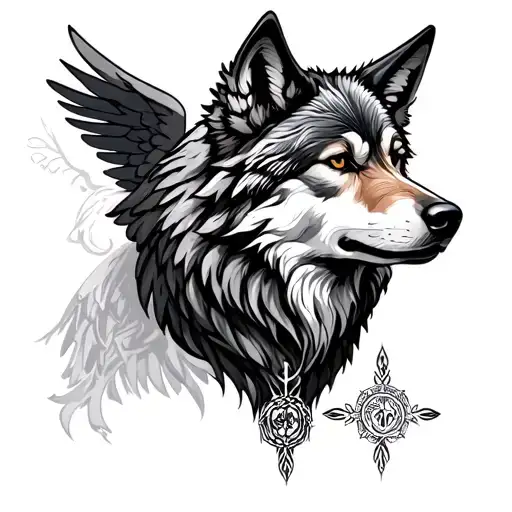 create a back tatto highlighting, wolf, angel and related to virgo and god  tattoo design idea