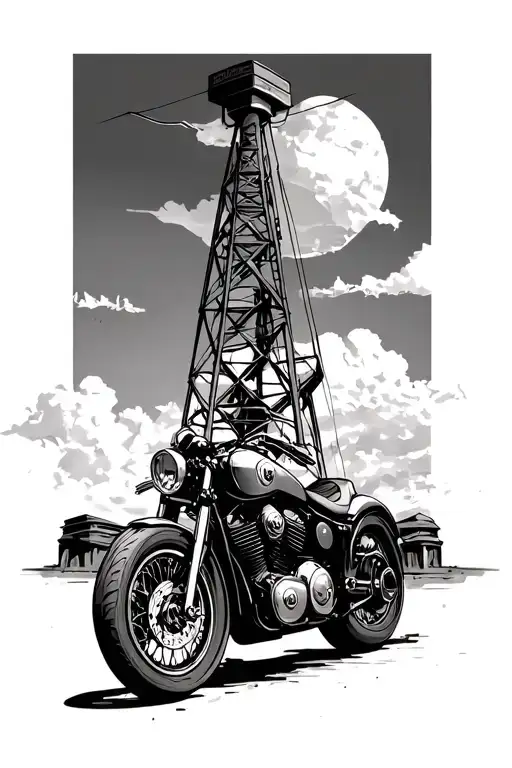 CAFE RACER MOTORCYCLE AND TEXAS OIL RIG AND COMPASS tattoo design idea