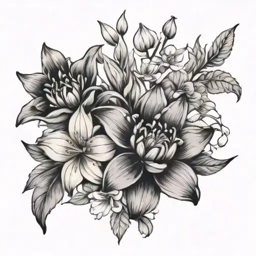 violets, daffodils, daisy, water lily, gladiolus, aster, marigold, chrysanthemum tattoo design idea