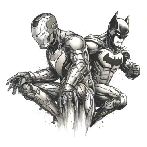 A tattoo featuring Iron Man and Batman in a dynamic pose, symbolizing the client's admiration for both superheroes tattoo design idea