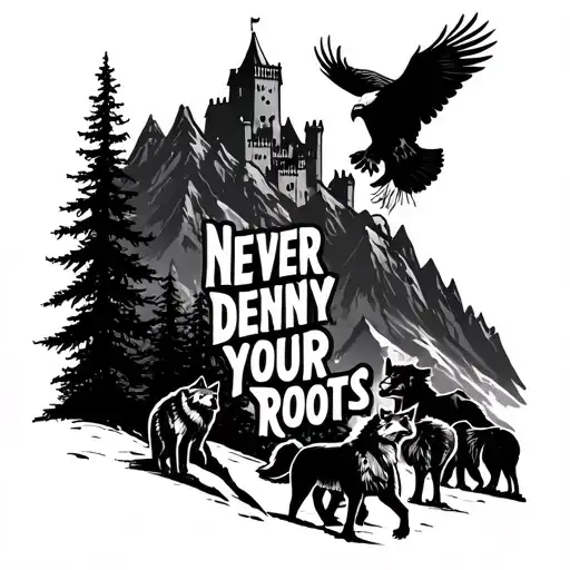 "NEVER DENY YOUR ROOTS" an eagle on top of mountains, some wolves, trees, the rozafa castle silhouette  tattoo design idea