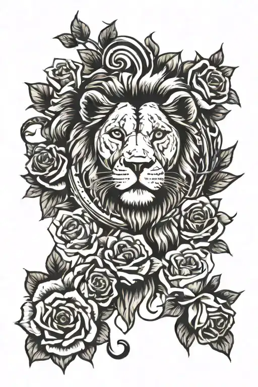 lion head surrounded with roses and a clock tattoo design idea