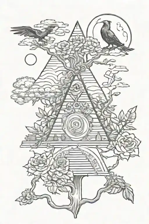 tree,roses,pyramid,waterfall,moon,yinyang,crow,dragons,snakes,wales,skull,wheelchair,eyeball tattoo design idea